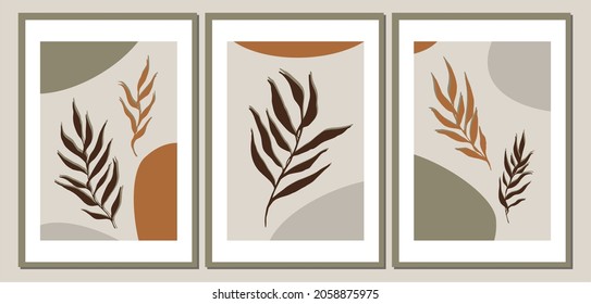 Retro wall art set of 3 printable minimalist print. Abstract geometric leaves. Wall art for bedroom, living room and office decor. Hand draw vector design elements.