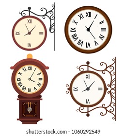 Retro wall clock vector cartoon flat icon set isolated on white background.