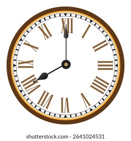 Retro wall clock vector isolated on white background. Clock on wall shows eight o'clock. Roman numeral clock