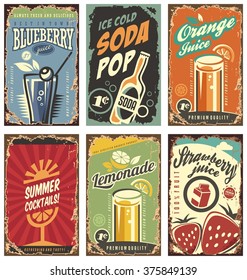 Retro wall decor with juices and drinks set. Vintage tin signs collection with organic fruit products. Vector juice signs in vintage style with typography elements.