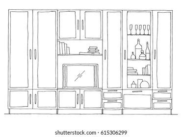 Retro wall unit.  Hand drawn vector illustration of a sketch style.