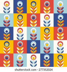 Retro wallpaper - floral pattern with abstract scandinavian geometric flowers - pattern based on traditional  folk ornaments. Seamless background.  Vector illustration.