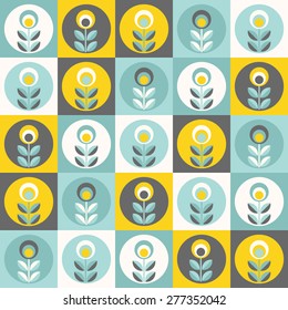 Retro wallpaper - floral pattern with abstract  scandinavian geometric flowers - pattern based on traditional  folk ornaments. Seamless background. Vector illustration.