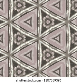retro wallpaper pattern with pink triangles,  grey and cream lines and floral ornaments, vector illustration
