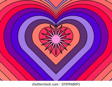 Retro wallpaper with rainbow tunnel made of hearts. Psychedelic background in the mood of the 70's.