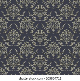 Retro Wallpaper, seamless damask pattern. Gold on a blue background.
