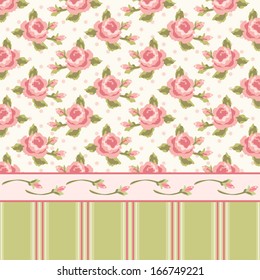 Retro wallpaper in shabby chic style with roses and stripes