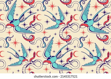 Retro wallpaper. Vintage celestial seamless background with spring birds and mystery snakes. Backdrop for yoga, fabric design, witchcraft digital or wrapping paper