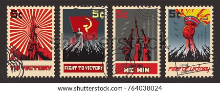 Retro War Propaganda Postage Stamps. Modern Stylization under the Vintage War Propaganda Posters