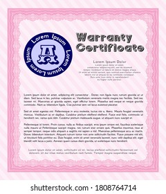 Retro Warranty Certificate template. Money Pattern design.  Printer friendly.  Customizable, Easy to edit and change colors.  Pink color.