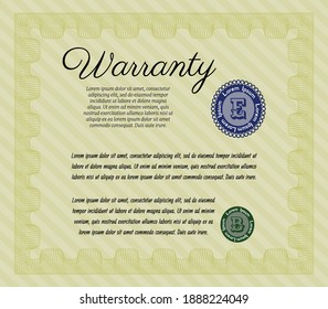 Retro Warranty Certificate template. Money design.  With guilloche pattern and background.  Customizable, Easy to edit and change colors.  Yellow color.