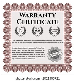 Retro Warranty Certificate template. Money style design.  With guilloche pattern.  Detailed.  Red color.