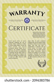 Retro Warranty Certificate template. Sophisticated design.  With great quality guilloche pattern.  Customizable, Easy to edit and change colors.  Yellow color.