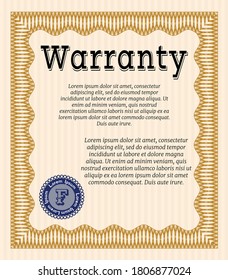 Retro Warranty template. Lovely design.  With guilloche pattern and background.  Customizable, Easy to edit and change colors.  Orange color.