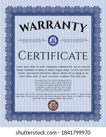 Retro Warranty template. Money design.  With guilloche pattern.  Customizable, Easy to edit and change colors.  Blue color.