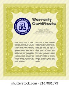 Retro Warranty template. Money Pattern design.  With guilloche pattern and background.  Customizable, Easy to edit and change colors.  Yellow color.