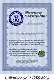 Retro Warranty template. Perfect design.  With guilloche pattern.  Vector illustration.  Blue color.