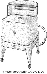 Retro washing machine illustration, drawing, engraving, ink, line art, vector