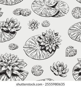 Retro water lily seamless pattern. Monochrome ornament of lotus flowers. Vector botanical design retro style.
