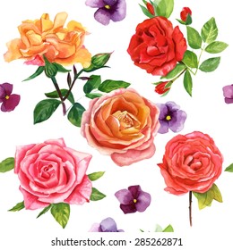 Retro watercolour roses seamless vector background pattern