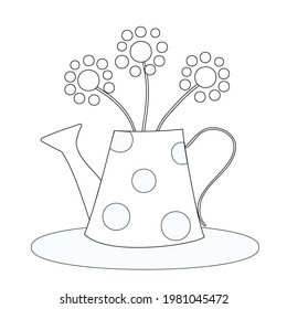 Retro watering can with polka dots, with three round dandelion flowers, isolated on white background.