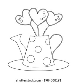 Retro watering can with polka dots, with a bouquet of three hearts on sticks, isolated on a white background.