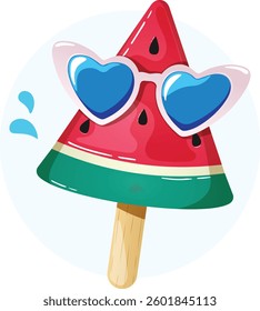 Retro Watermelon Popsicle with Heart Sunglasses Summer Illustration. Cute Groovy Cartoon Graphic 
