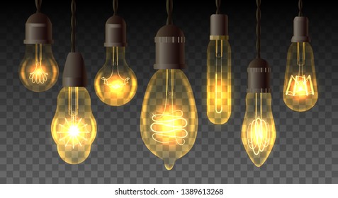 Retro watt bulbs. Steampunk light lamps, vintage vector lamp set, interior decoration lightbulbs with realistic electricity filaments