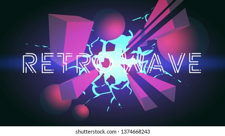 Retro wave 80s style background 1920.Sci-Fi rift with flying geometric shapes. In the blue light.