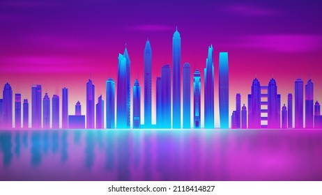 Fondo de onda retro 80. Ilustración de sintetismo retro de la ciudad 80. Cartel de playa de fondo futurista. Ciberconcepto de ciudad láser retro. Ciudad futurista con el atardecer violeta del cielo nocturno.