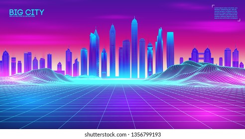 Retro wave background80s. City80s future retro synth illustration. Beach poster futuristic background. Retro laser city cyber concept. Futuristic city with purple night sky sunset. Party vector neon