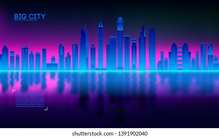 Retro wave background80s. City80s future retro synth illustration city bay with reflection in water. Beach poster futuristic background. Retro laser city cyber concept. Futuristic city with purple