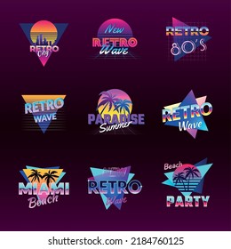 Retro wave badges. Cyberpunk california electro synth wave style logo. Recent vector retro templates with place for text