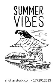Retro Wave and Bird. Surf badge, Vintage Surfer logo. Summer California. Engraved emblem hand drawn. Banner or poster.