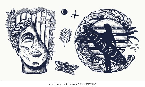 Retro wave collection. Old school tattoo. Statue head and surfing woman. Nostalgic cyberpunk style, 80s and 90s pop culture
