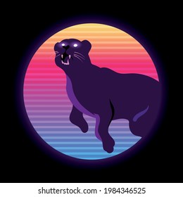 Retro wave cougar on the background of the sun in the style of the 80s