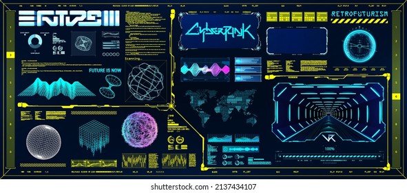 Retro-Wave-Cyberpunk mit HUD-Schnittstellenelementen und 3D-Formen. Retrofuturistische digitale Set 80er und 90er. Trendy 2022 formt mit Futuristic HUD Interface im Konzept Cyberpunk. Futuristische Technologie-Set