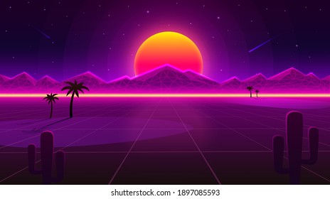 Retro wave Desert neon cover with oasis and palm trees. Nature background. Vector illustration