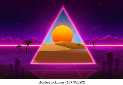 Retro wave Desert neon cover with oasis and palm trees. Nature background. Vector illustration