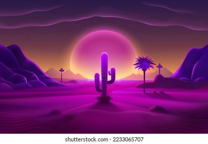 Cubierta de neón del desierto de ola retro con oasis y palmeras. Fondo natural. Ilustración del vector