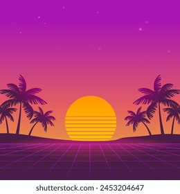 Retro wave futuristic sunset landscape with pink grid background of palms silhouette on the neon beach - square vector dsgn for Synthwave music cover and  party banner design