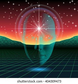 Retro wave head silhouette over neon landscape