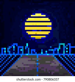 Retro Wave Illustration of vector pixel city with sun.