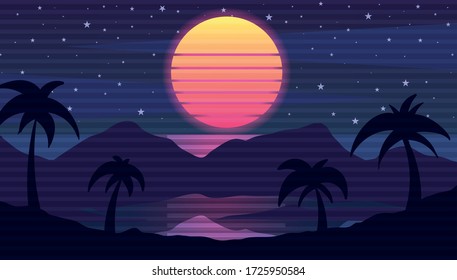 Retro wave landscape with palm trees, mountains and sea. Vector illustration in the style of 80's retro wave.