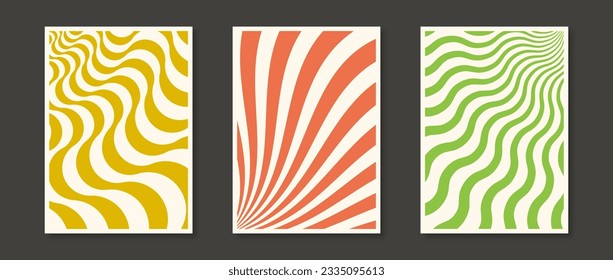 Retro wave lines and sunbursts backgrounds set. Trippy wavy stripes and distorted curly textures collection. Psychedelic orange, green and yellow groovy distorted wallpapers. Vector banners or posters