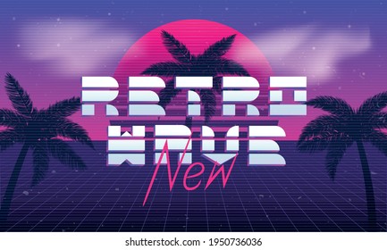 Retro Wave logo. Retro 80's background template. Retro sunset with laser grid and palm trees. Synthwave background. 1980's trendy style. Template for banner, poster, invitation, Vector illustration