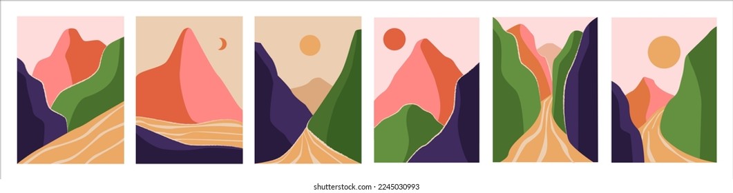 Retro wave mountains, desert sunset. Japanese sunrise scene, japan water and hill minimal landscape. Social media stories. Vertical posters collection. Vector abstract recent background