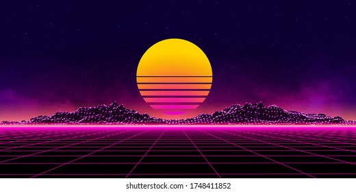 Retro Wave music album cover template with element. Wireframe landscape background. Big Data. Cyberpunk vector illustration. 80s Retro Sci-Fi Background