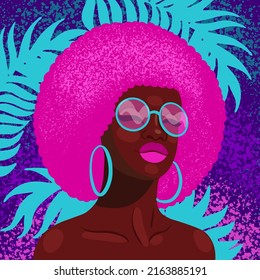 Retro Wave Music Album Cover Template With African American Girl In Sunglasses. Retro Futuristic Vector Background