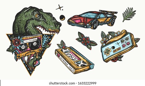 Retro Wave Music Art. Laser Tyrannosaur, Future Car. Audio Cassette, VHS Type. Nostalgic Cyberpunk Style, 80s And 90s Pop Culture. Old School Color Tattoo Vector Collection  